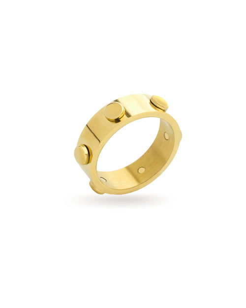 The BALLSY RING which is made of 18k Gold plated stainless steel with gold circle studs around. ||| GOLD