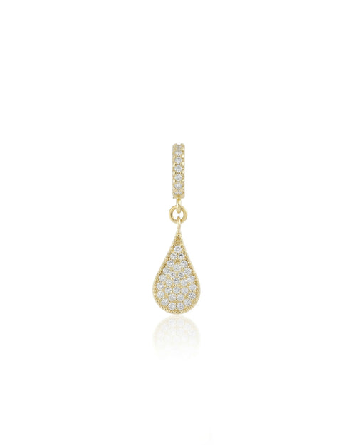 The JUST CLICK DROP CHARM which is made of Sterling silver 18k gold plated encrusted zirconia drop pave charm.