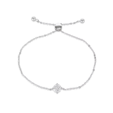 The Solitaire Adjustable Bracelet, a silver adjustable bracelet with a delicate chain and a single diamond-like stone cluster.