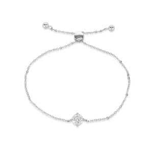 The Solitaire Adjustable Bracelet, a silver adjustable bracelet with a delicate chain and a single diamond-like stone cluster.
