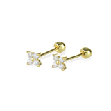 The Gold Petal Piercing Earrings, a single gold stud earring featuring four round crystals arranged in a delicate petal shape.