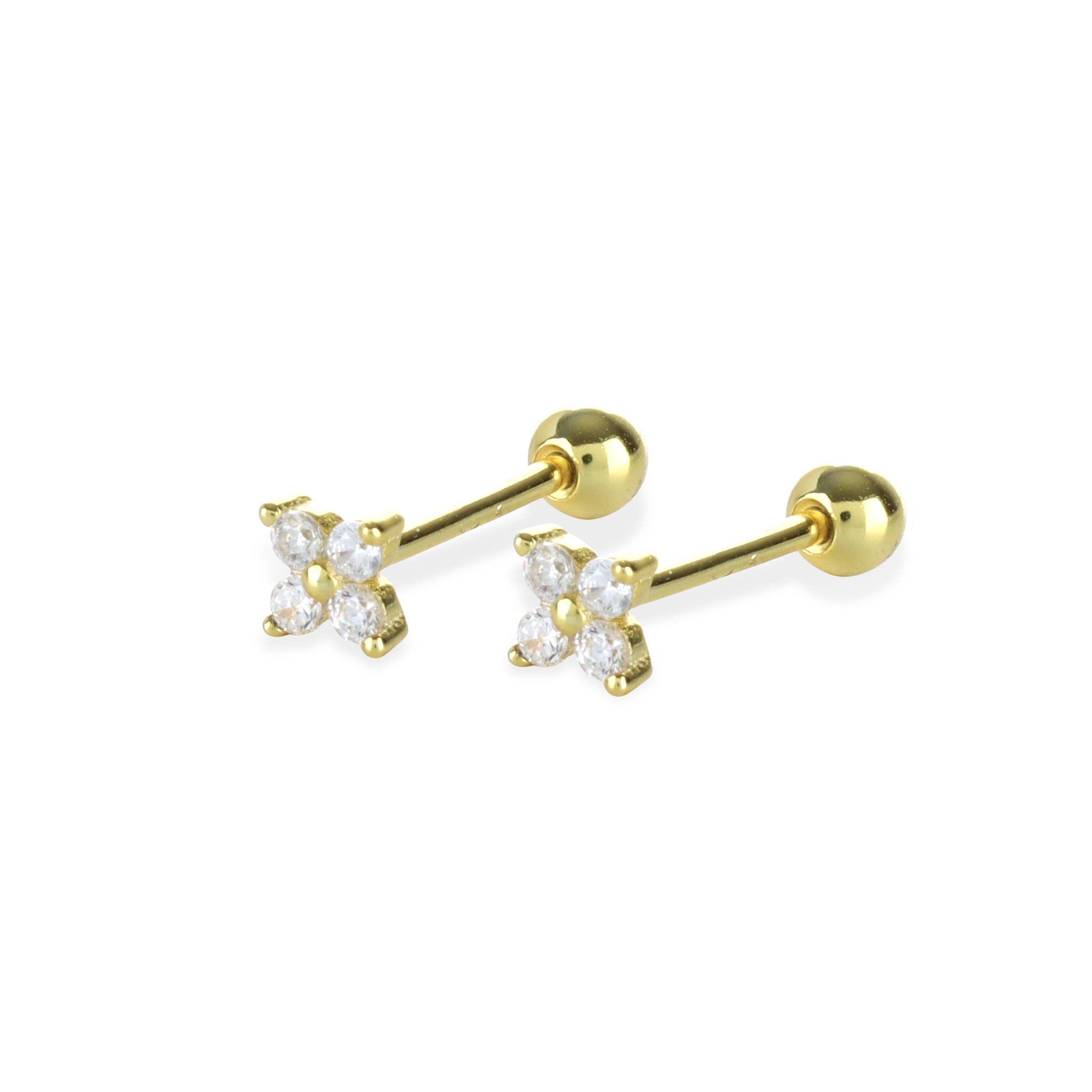 The Gold Petal Piercing Earrings, a single gold stud earring featuring four round crystals arranged in a delicate petal shape.