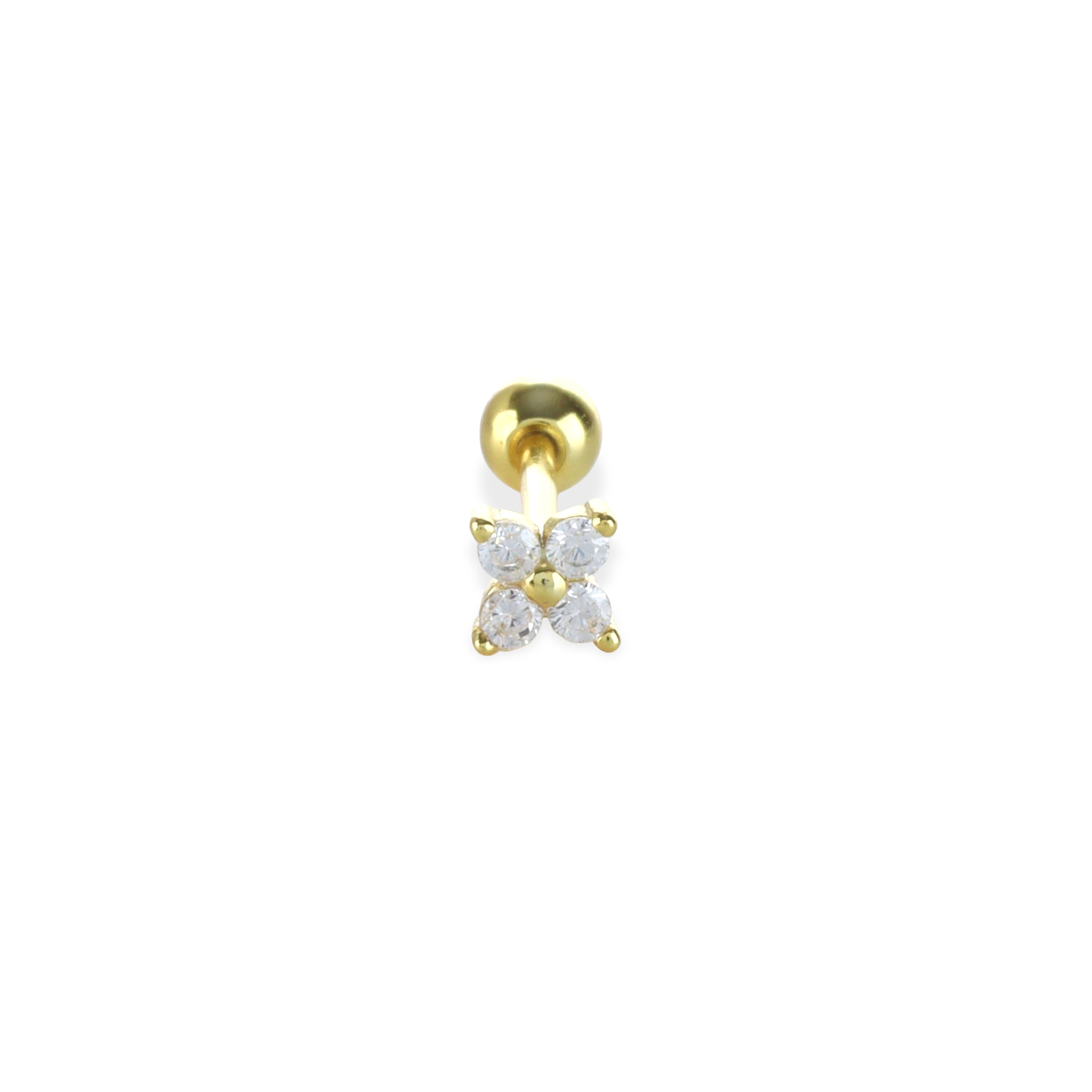 The Gold Petal Piercing Earrings, a single gold stud earring featuring four round crystals arranged in a delicate petal shape.