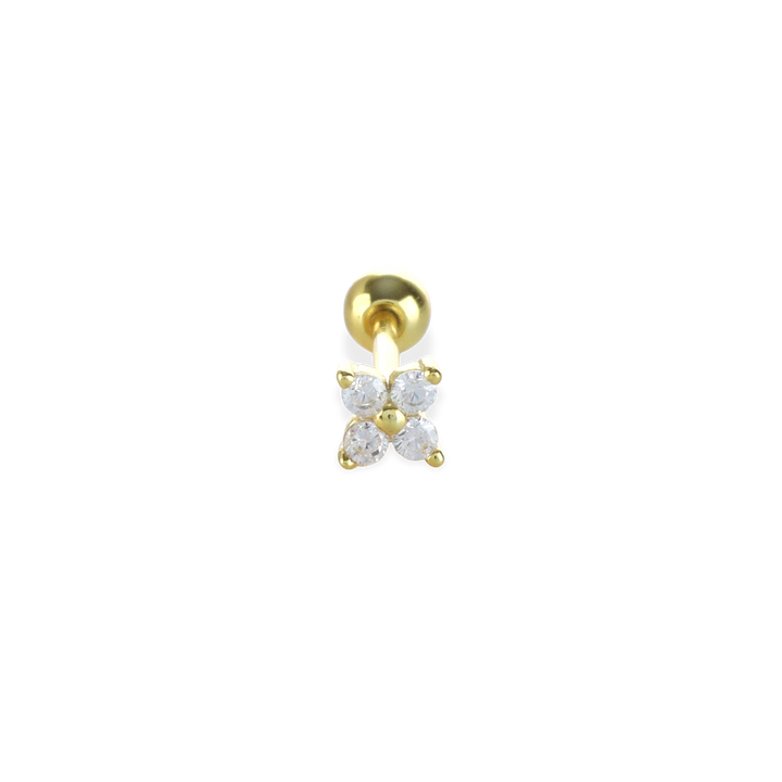The Gold Petal Piercing Earrings, a single gold stud earring featuring four round crystals arranged in a delicate petal shape.