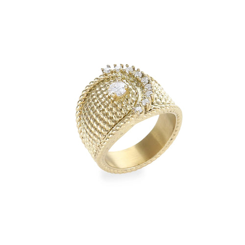 Gold textured statement ring with diamond accents in a unique wave design.