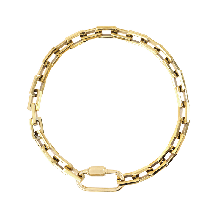The Carabiner Square Puerto Necklace, which is a striking gold chain necklace featuring a unique gold carabiner clasp. ||| GOLD