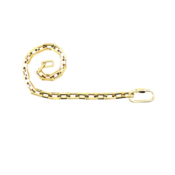 The Carabiner Square Puerto Necklace, which is a striking gold chain necklace featuring a unique gold carabiner clasp. ||| GOLD