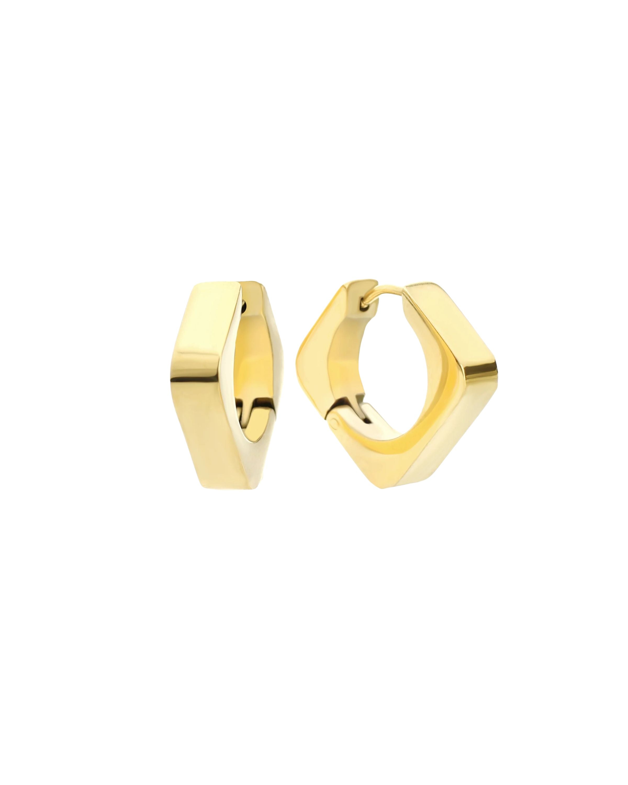 The Shape Hoop, which is a pair of modern gold hoop earrings, features a bold geometric design with sleek, polished edges. These versatile earrings add a contemporary touch to any look, perfect for elevating both casual and formal styles. ||| GOLD