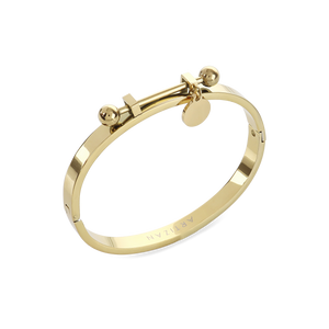 The Coins Bangle, a gold bangle bracelet with a unique toggle closure and a dangling coin charm.