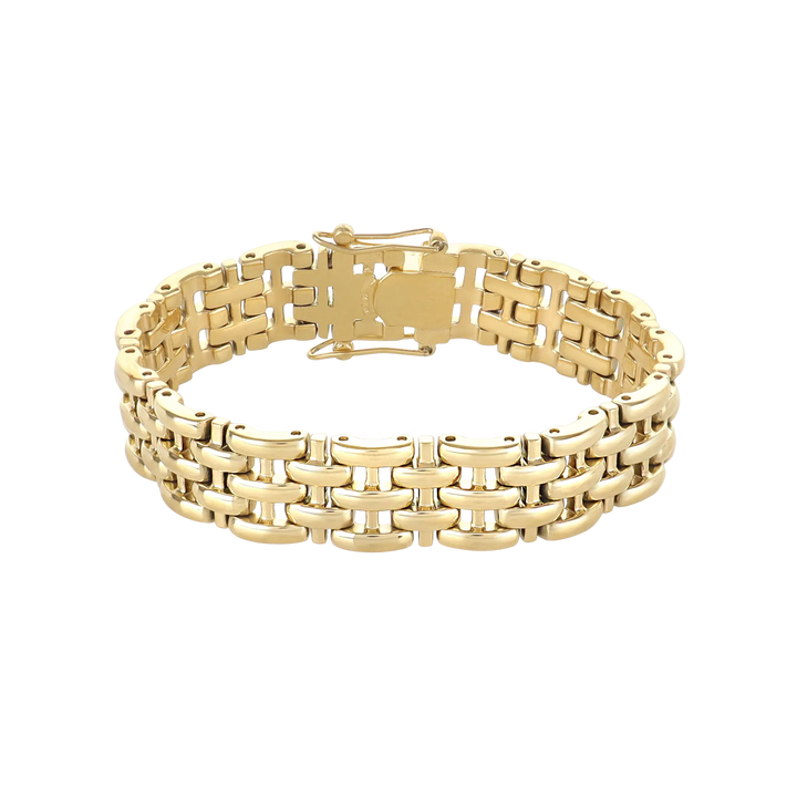 LINKED-UP BRACELET featuring a chunky gold link design with a secure clasp, showcasing a bold and polished finish