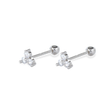 The Triangle Piercings Earrings, which are a single-piece silver stud earring, feature three sparkling stones arranged in a triangular formation.