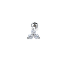 The Triangle Piercings Earrings, which are a single-piece silver stud earring, feature three sparkling stones arranged in a triangular formation.