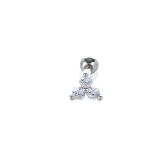 The Triangle Piercings Earrings, which are a single-piece silver stud earring, feature three sparkling stones arranged in a triangular formation.