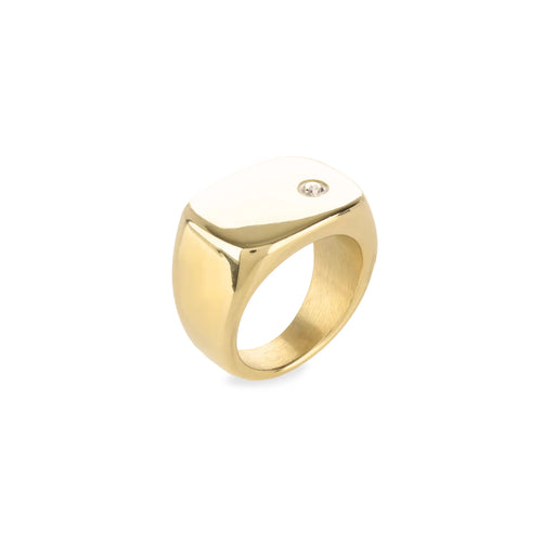 The Y Punto Pinky Ring, a gold pinky ring with a minimalist design and a single cubic zirconia stone.