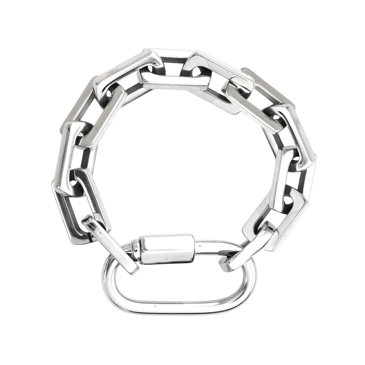 The CARABINER SQUARE PUERTO BRACELET made of stainless steel chunky square link chain with silver carabiner. ||| SILVER