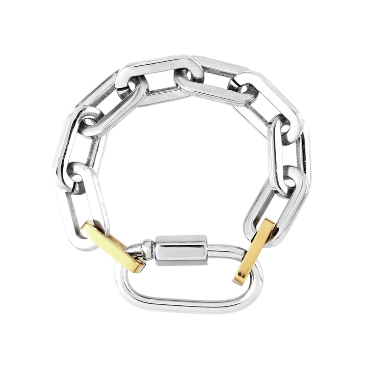 The CARABINER PUERTO BRACELET made of Stainless steel bulky link chain with silver carabiner. It has two 18k gold plated links close to the silver carabiner.  ||| SILVER