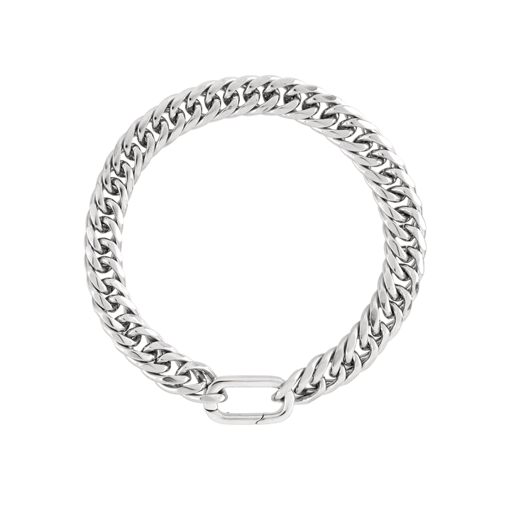 The JUST CLICK BRACELET, a single thick silver chain bracelet with a distinctive silver click clasp, offering a bold and modern statement look. ||| SILVER