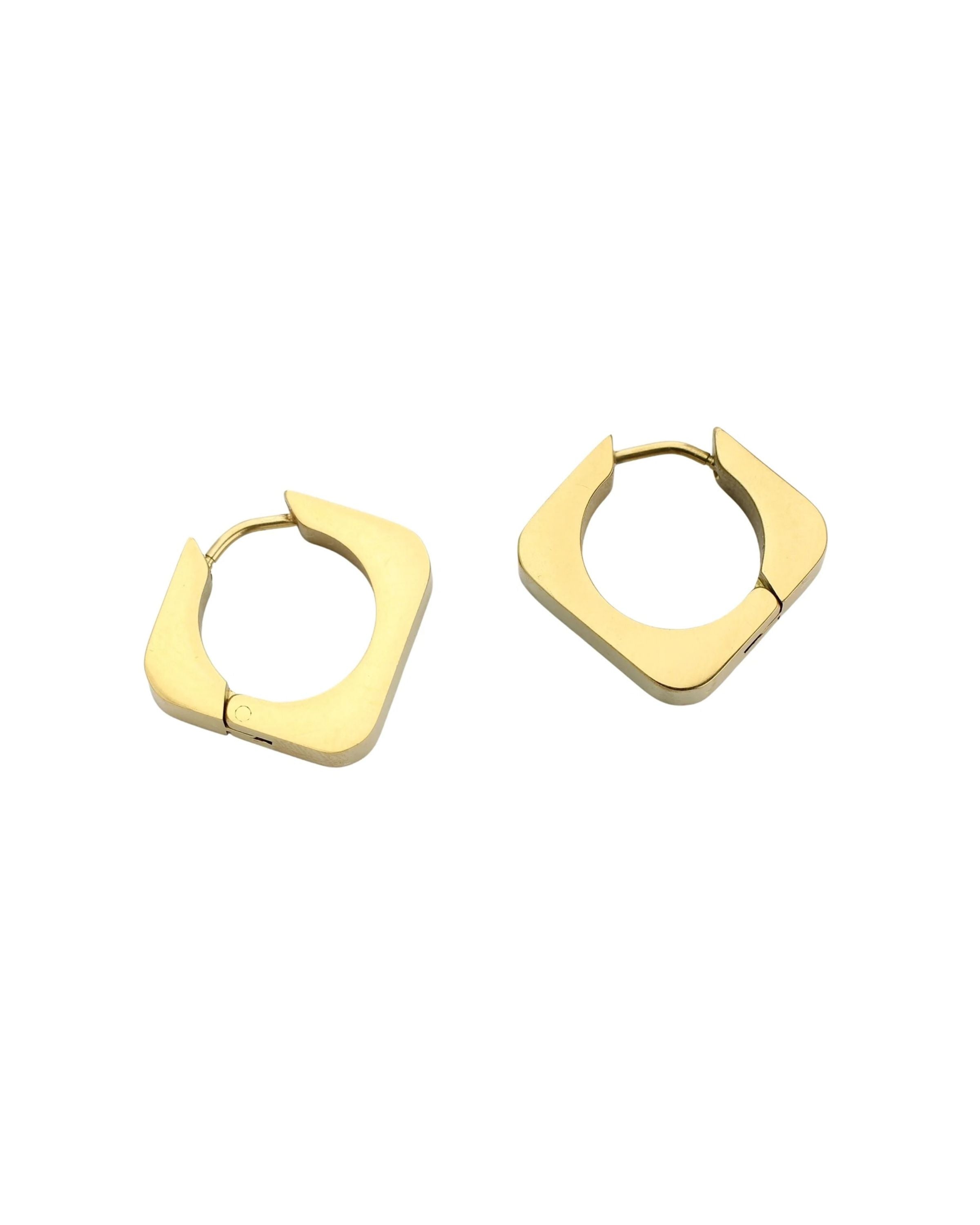 The Shape Hoop, which is a pair of modern gold hoop earrings, features a bold geometric design with sleek, polished edges. These versatile earrings add a contemporary touch to any look, perfect for elevating both casual and formal styles. ||| GOLD