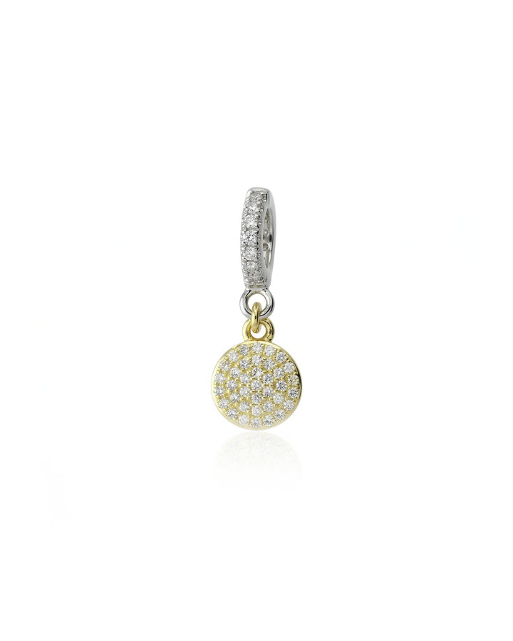 The Dot Clip On Charm, a gold charm with a circular design fully encrusted with sparkling diamonds and a silver clip-on bale. ||| GOLD
