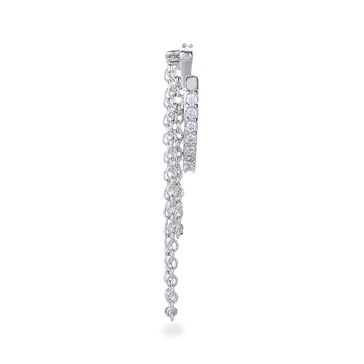 The Dancing Ear Cuff, a silver ear cuff featuring delicate cascading chains and shimmering diamond accents.