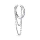 The Dancing Ear Cuff, a silver ear cuff featuring delicate cascading chains and shimmering diamond accents.