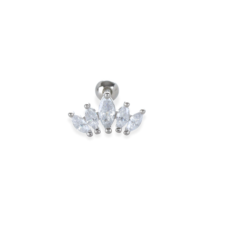 The Crown Piercings, which is single-piece silver earring, feature a regal arrangement of marquise-cut stones forming a crown-like design.