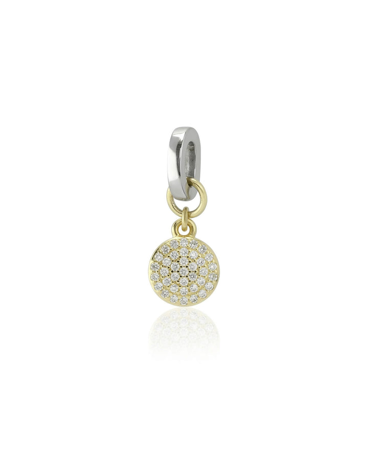 The Dot Link Charm, which is a circle shaped diamond encrusted gold charm with silver link. ||| GOLD
