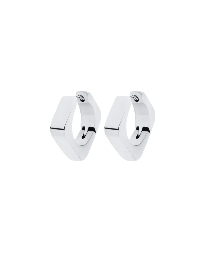 Silver geometric hoop earrings with a bold, modern design, featuring a sleek angular shape. ||| SILVER