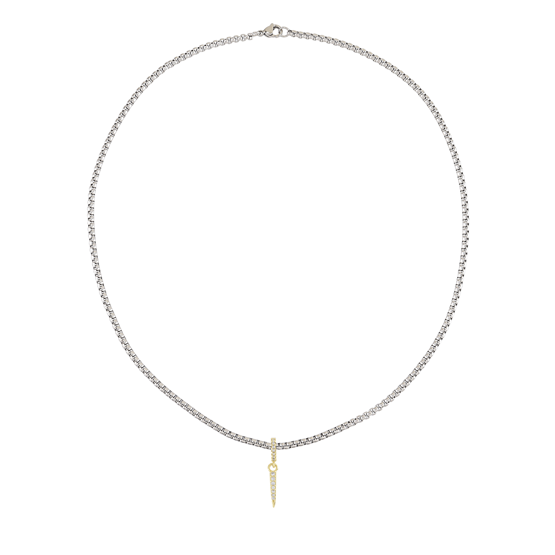 Stainless steel necklace with the JUST CLICK SPIKE CHARM which is made of Sterling silver 18k gold plated encrusted zirconia long spike charm.