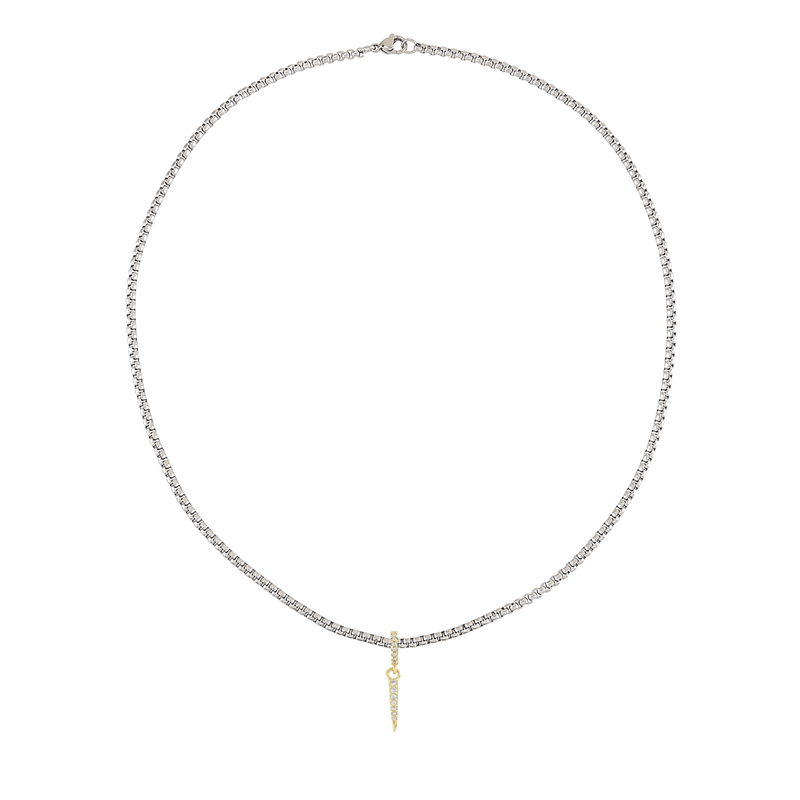 Stainless steel necklace with the JUST CLICK SPIKE CHARM which is made of Sterling silver 18k gold plated encrusted zirconia long spike charm.
