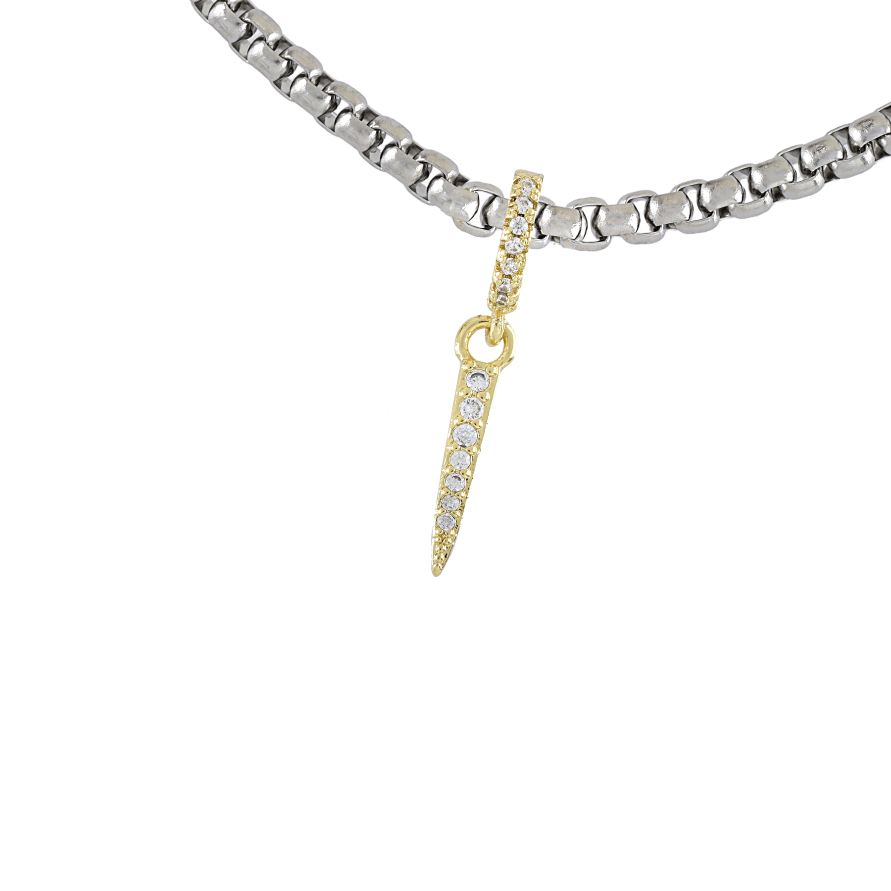 Stainless steel necklace with the JUST CLICK SPIKE CHARM which is made of Sterling silver 18k gold plated encrusted zirconia long spike charm.