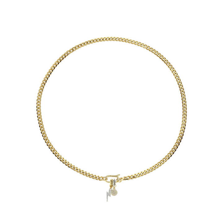 The Link Cuban Lightning Charm Necklace, a gold chain featuring a lightning bolt charm and a circle charm accented with cubic zirconia. ||| GOLD


