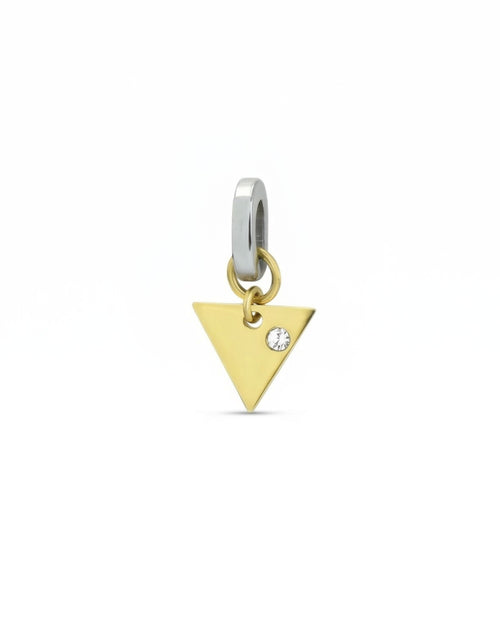 The Triangle Link Charm, a gold charm with a minimalist triangle design and a single cubic zirconia stone.
