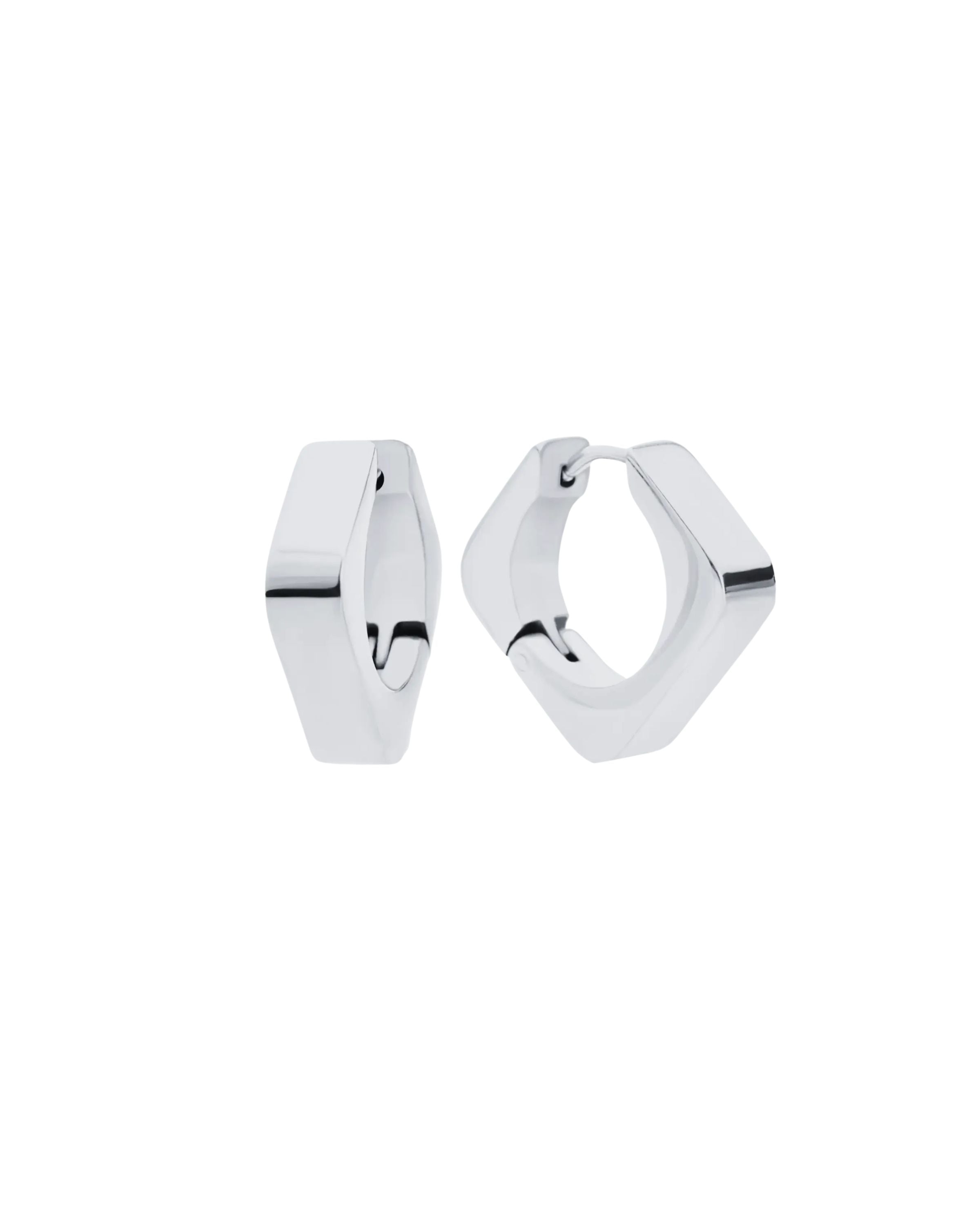 Silver geometric hoop earrings with a bold, modern design, featuring a sleek angular shape. ||| SILVER