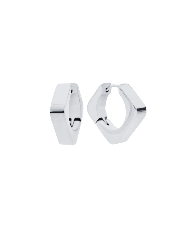 Silver geometric hoop earrings with a bold, modern design, featuring a sleek angular shape. ||| SILVER