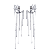 The Rain Drop Earrings, a pair of silver earrings featuring cascading chains with diamond-like accents.