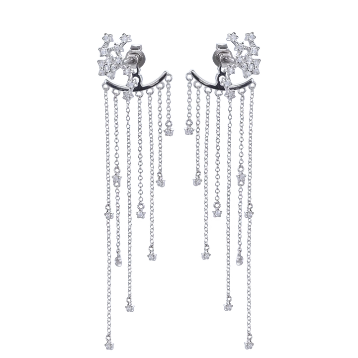 The Rain Drop Earrings, a pair of silver earrings featuring cascading chains with diamond-like accents.