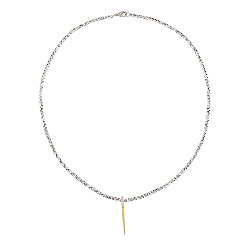 Stainless steel necklace with the JUST CLICK NEEDLE CHARM which is made of Sterling silver 18k gold plated spike pave charm. The link to where the necklace goes is encrusted with zirconia.