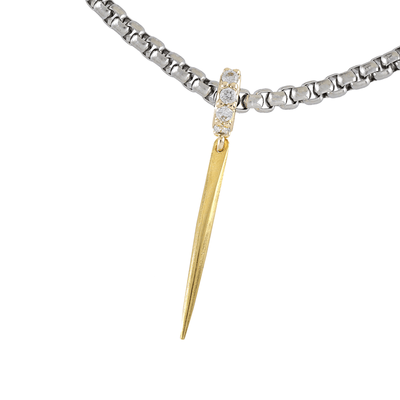 The JUST CLICK NEEDLE CHARM which is made of Sterling silver 18k gold plated spike pave charm. The link to where the necklace goes is encrusted with zirconia.