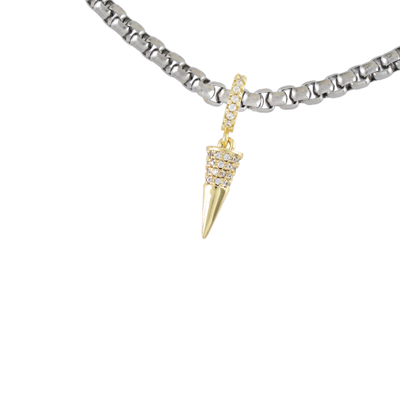 Stainless steel chain with the JUST CLICK PAVE SPIKE CHARM which is made of Sterling silver 18k gold plated encrusted zirconia spike pave charm.