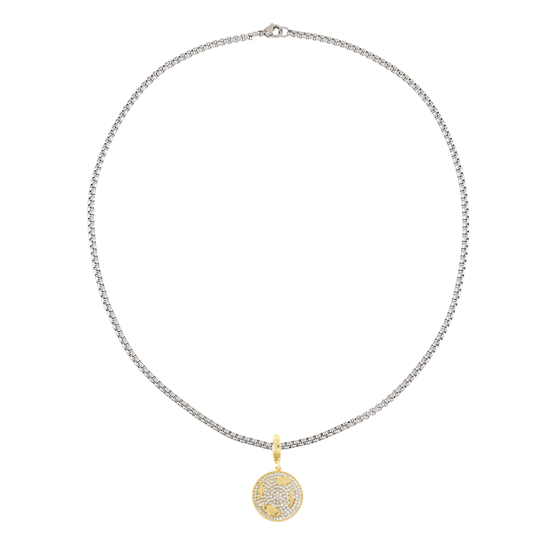 Stainless steel chain with the SPACE PAVE BULKY CHARM which is made of 18K gold plated sterling silver with encrusted zirconia circle charm with space details.