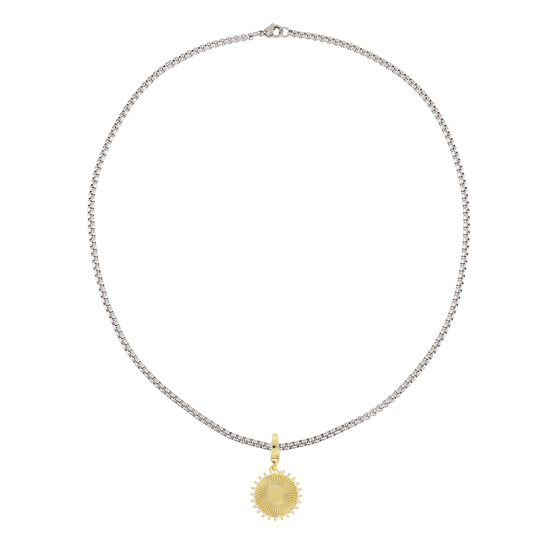 Stainless steel chain with the SUNSHINE BULKY CHARM which is made of 18K gold plated sterling silver with encrusted zirconia sunburst charm.