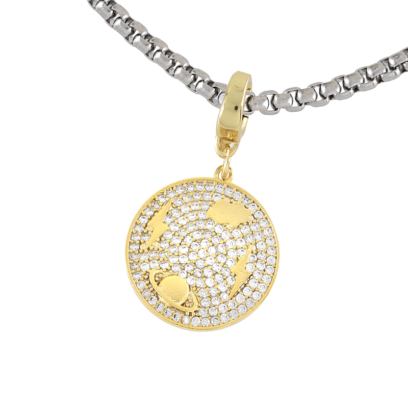 Stainless steel chain with the SPACE PAVE BULKY CHARM which is made of 18K gold plated sterling silver with encrusted zirconia circle charm with space details.