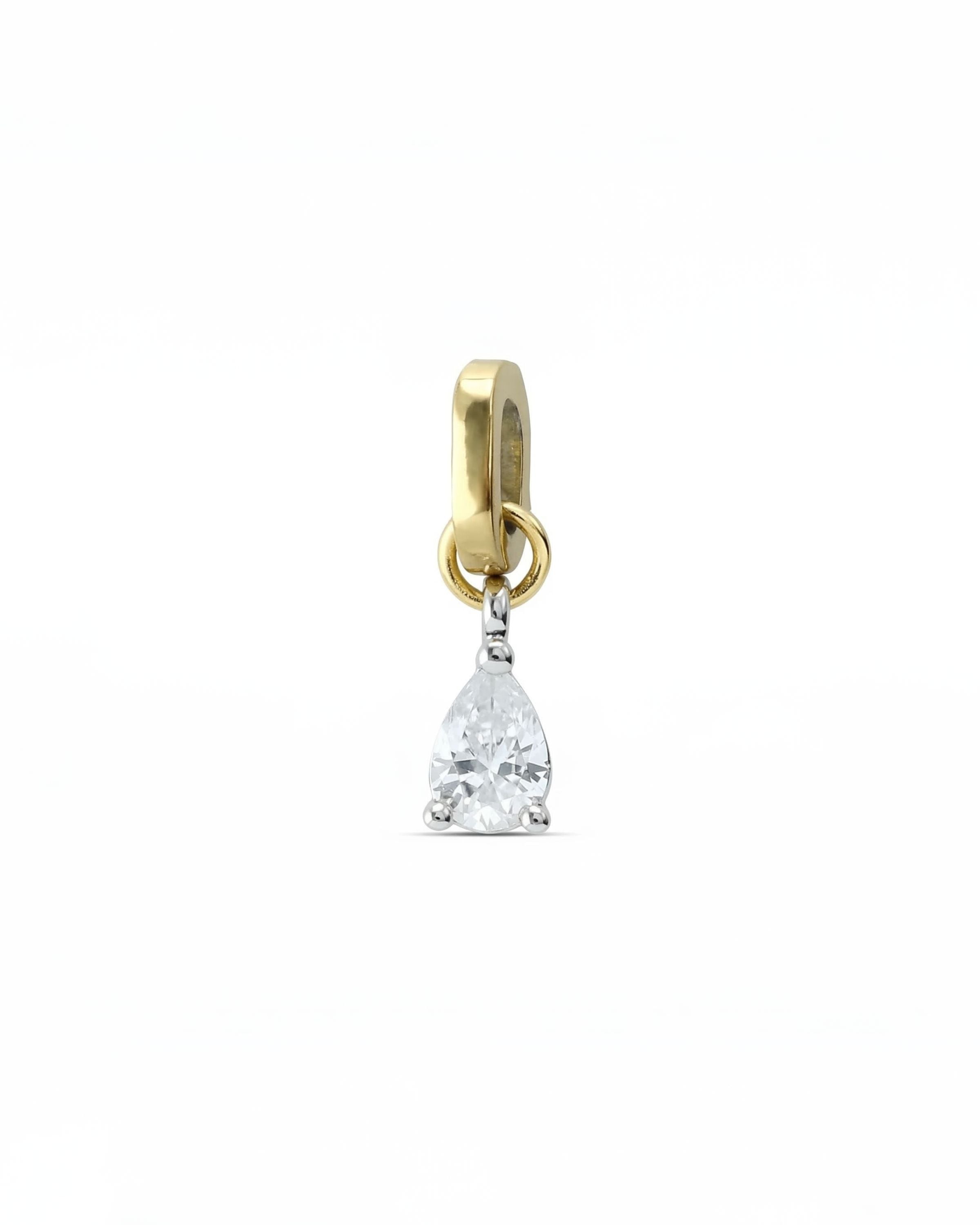 The Drop Link charm which is a diamond tear shaped with gold link charm.
