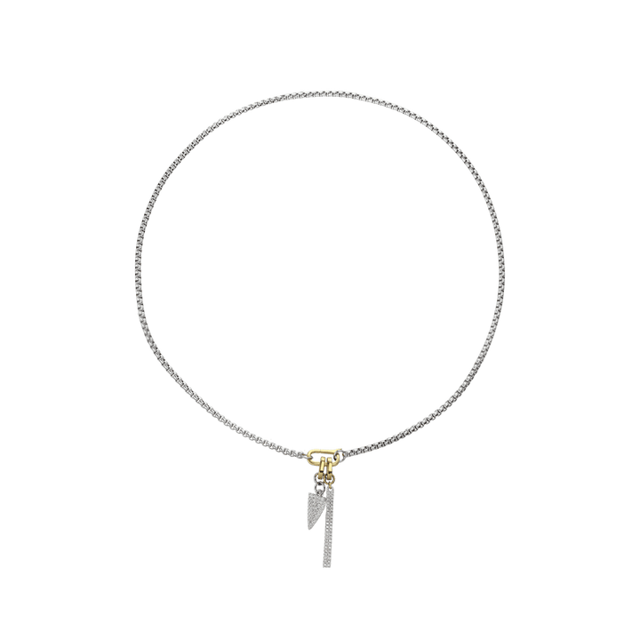 The Link Box Bar Charm Necklace, a silver chain with a gold bar and spike charm.