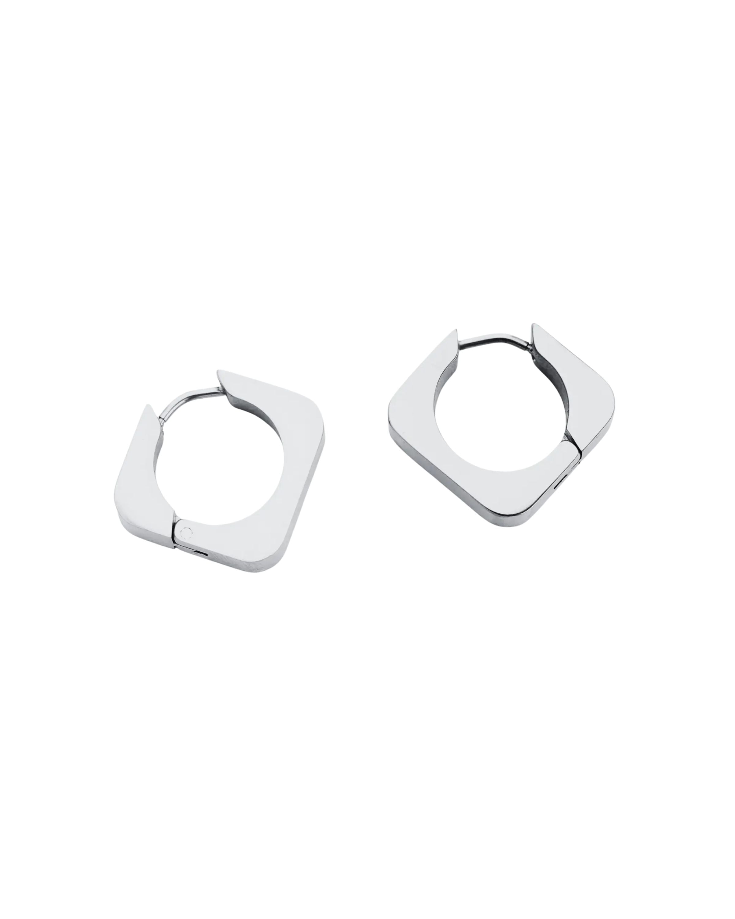 Silver geometric hoop earrings with a bold, modern design, featuring a sleek angular shape. ||| SILVER