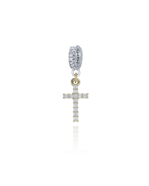 The Cross Clip On Charm, a gold charm featuring a cross design accented with pave diamonds and the celestial charm. ||| MIX
