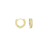The Mini Clear Huggies, a pair of small gold hoop earrings with sparkling clear cubic zirconia stones.||| GOLD