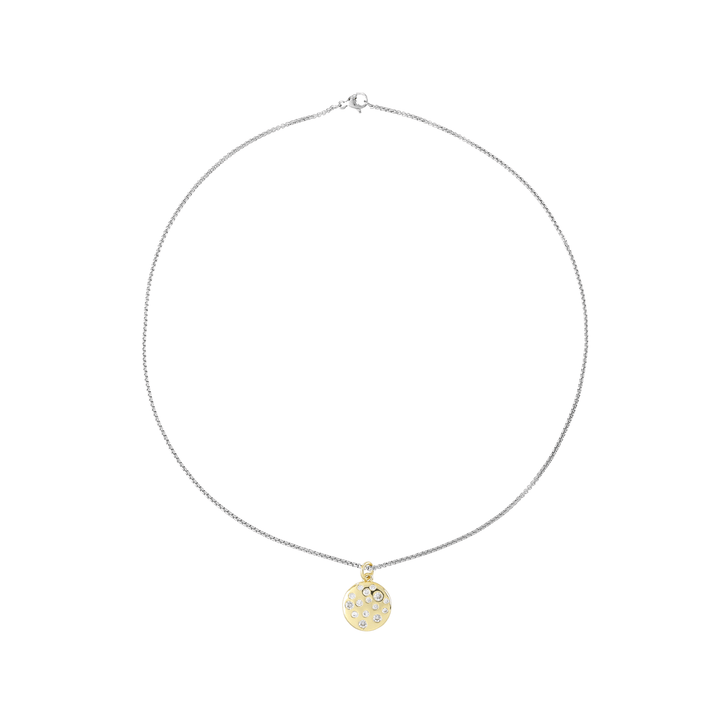 The DALMATIAN NECKLACE which is made of 1mm wide Stainless steel chain with 18K gold plated sterling silver with encrusted zirconia charm.
