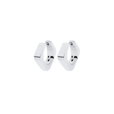 Silver geometric hoop earrings with a bold, modern design, featuring a sleek angular shape. ||| SILVER
